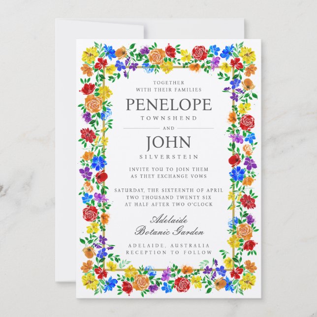 Convite Watercolor Flower Botanical Garden Rainbow Wedding (Frente)