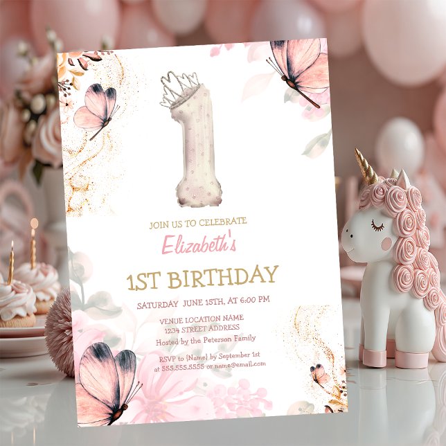 Convite Watercolor Flowers Butterfly Striped 1s Birthday  (Criador carregado)