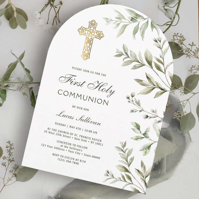 Convite Watercolor Foliage Arch First Communion (Criador carregado)