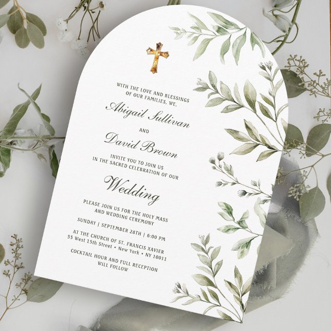 Convite Watercolor Foliage Arch Religious Wedding (Criador carregado)