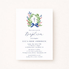 Convite Watercolor Foliage Wreath Blue Bow Baptism 