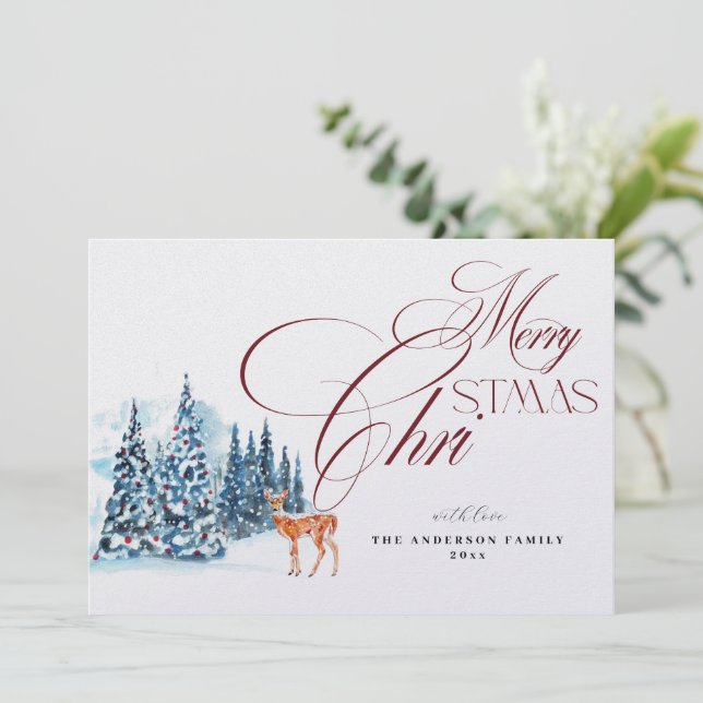 Convite Watercolor Forest Christmas Card (Em pé/Frente)