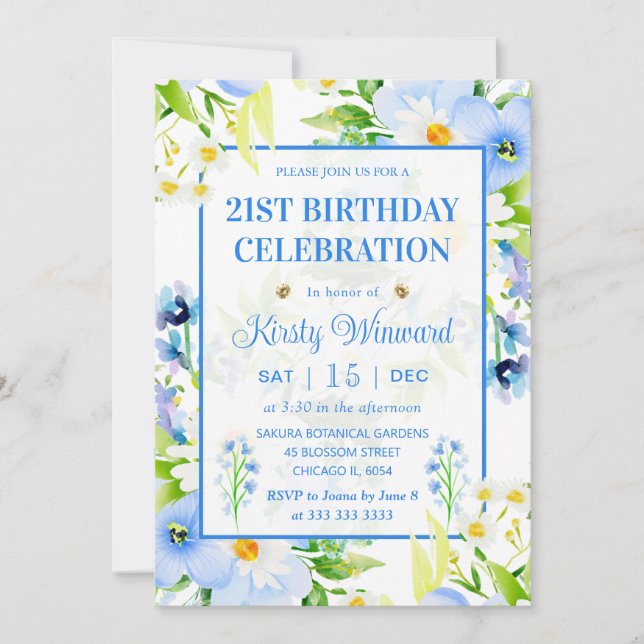Convite Watercolor Forget-Me-Nots & Daisies Sweet XVI (Frente)