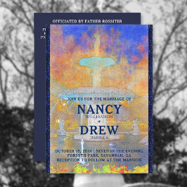 Convite Watercolor Forsyth Park Fountain na Noite de Casam