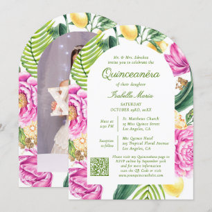Convite Watercolor Foto Floral Código QR Quinceañera