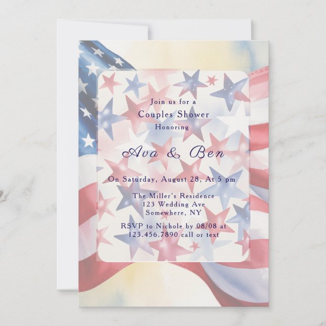 Convite Watercolor Fourth Of July Couples Shower (Frente)