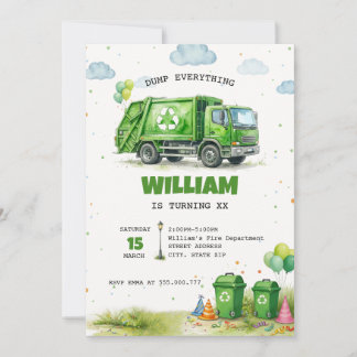 Convite Watercolor Garbage Truck Recycling Birthday