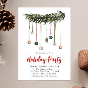 Convite Watercolor Garland and Ornaments Holiday Party (Fe