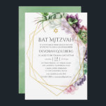 Convite Watercolor Geométrico Bat Mitzvah<br><div class="desc">Trendy suculenta o morcego de casamento mitzvah com a moldura geométrica dourada e a lavagem verde de cor d'água invertida.</div>