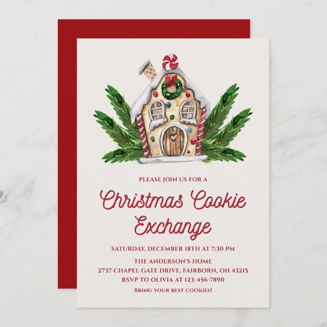Convite Watercolor Gingerbread House Cookie Exchange Party (Frente/Verso)