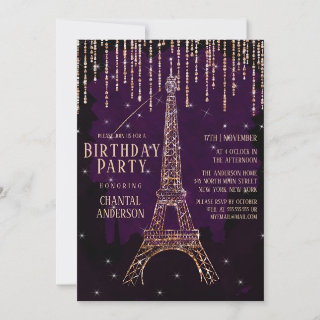 Convite Watercolor Glitter Paris Eiffel Tower Par de Anive (Frente)