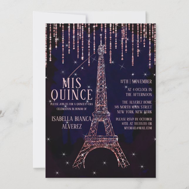 Convite Watercolor Glitter Paris Eiffel Tower Quinceañera (Frente)