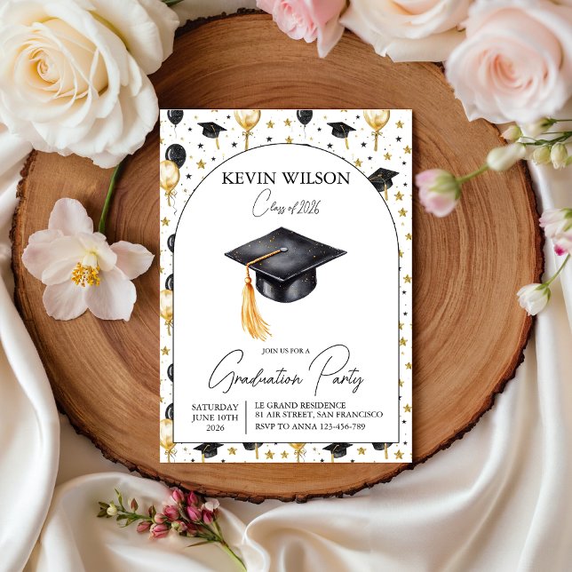 Convite Watercolor Gold Balloon Graduation Invite (Criador carregado)