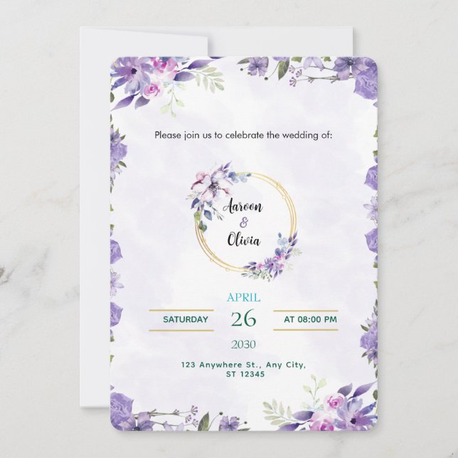Convite Watercolor Gold & Purple Invitation (Frente)