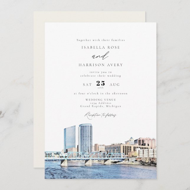 Convite Watercolor Grand Rapids Michigan Skyline Wedding (Frente/Verso)
