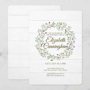 Convite Watercolor Green Foliage Berries Virtual Memorial