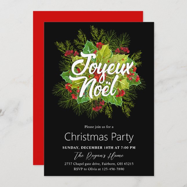 Convite Watercolor Green Holly Christmas Holiday Party (Frente/Verso)