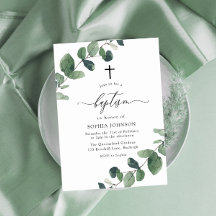Watercolor Green Leaf Baptism Cross