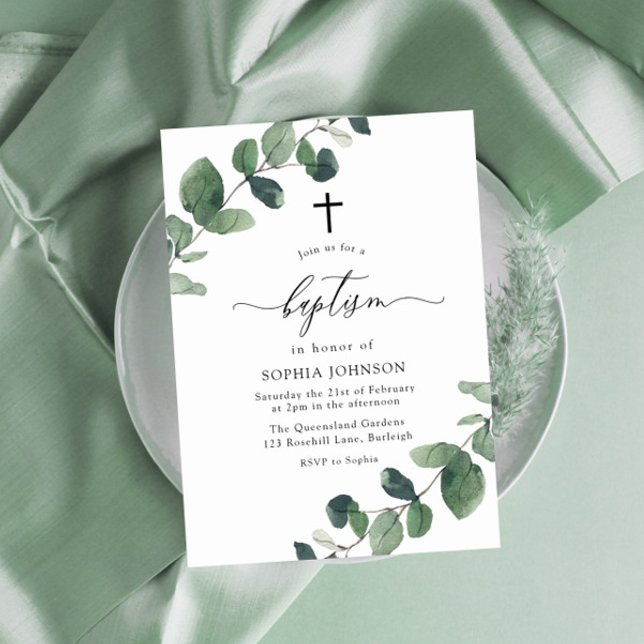 Convite Watercolor Green Leaf Baptism Cross (Criador carregado)