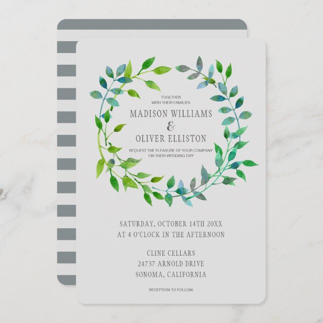 Convite Watercolor Green Leaf Wreath | Casamento (Frente/Verso)