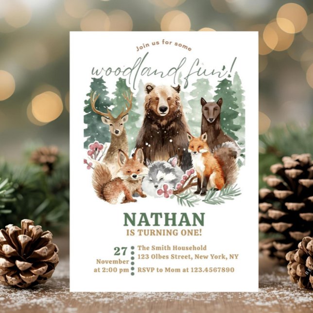 Convite Watercolor Greenerescer Woodland Forest Aniversári (woodland theme, watercolor, forest, rustic, forest animals, country, garden high tea, vintage storyb)