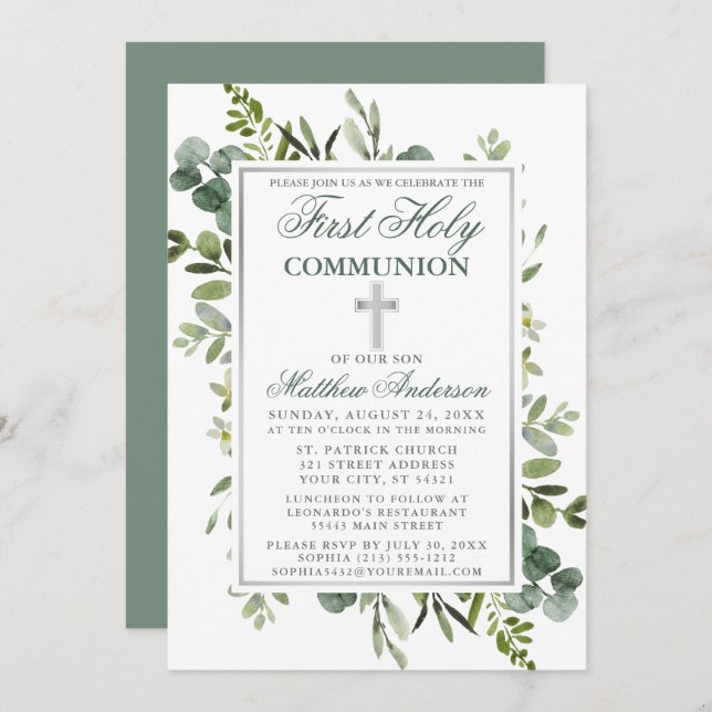 Convite Watercolor Greenerion Communion Silver Sage Green (Frente/Verso)