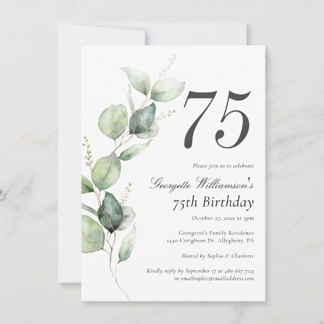 Convite Watercolor Greenery 75th Birthday Script (Frente)
