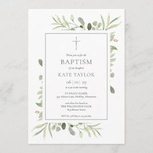 Convite Watercolor Greenery Baptism Christening