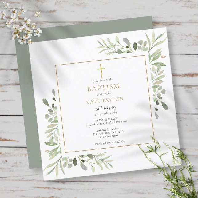 Convite Watercolor Greenery Baptism Christening (Criador carregado)