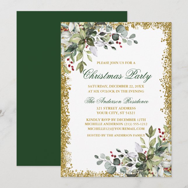 Convite Watercolor Greenery Berries Dourado Glitter Natal (Frente/Verso)