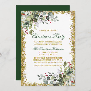 Convite Watercolor Greenery Berries Dourado Glitter Natal