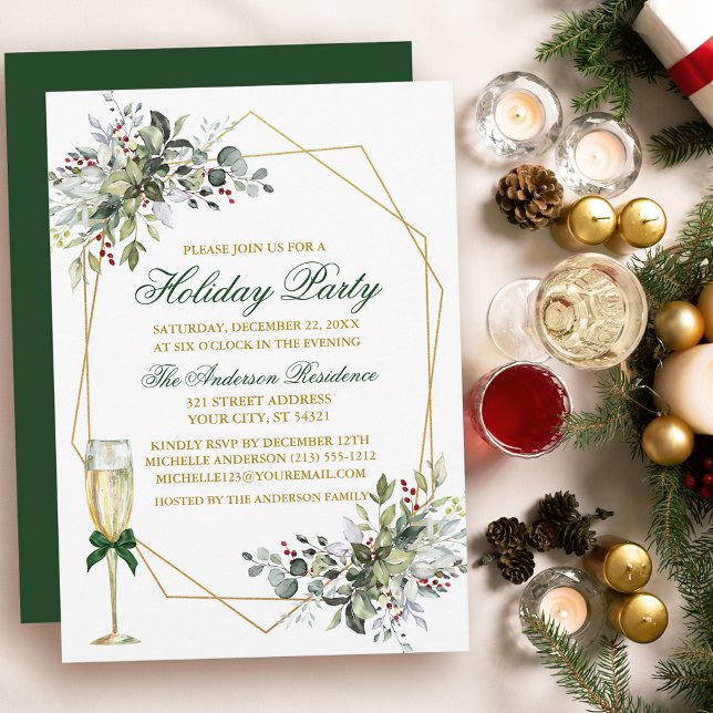 Convite Watercolor Greenery Berries Feriado Dourado Verde (Customize to change text color, size, style or to change color of back of card.)