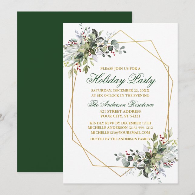 Convite Watercolor Greenery Berries Feriado Verde Dourado (Frente/Verso)