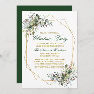 Convite Watercolor Greenery Berries Natal Verde Dourado