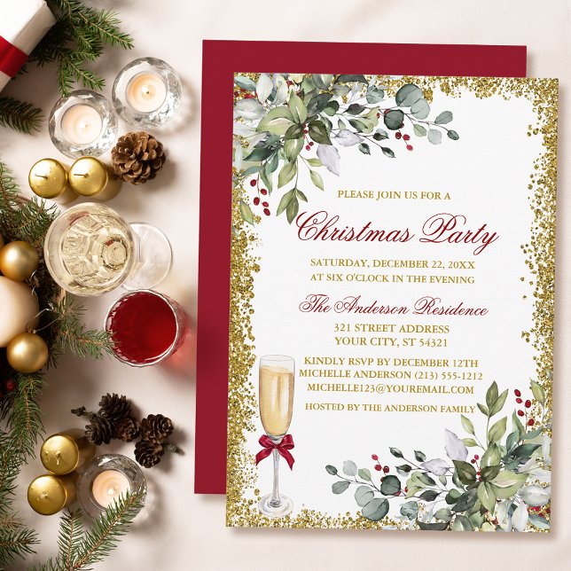Convite Watercolor Greenery Berries Red Christmas Party (Customize to change text color, size, style or to change color of back of card.)