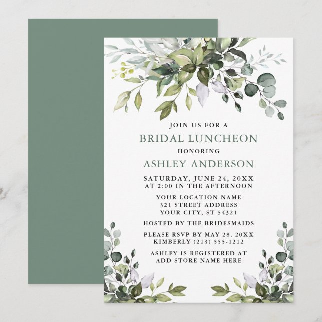 Convite Watercolor Greenery Bridal Luncheon Sage Green (Frente/Verso)