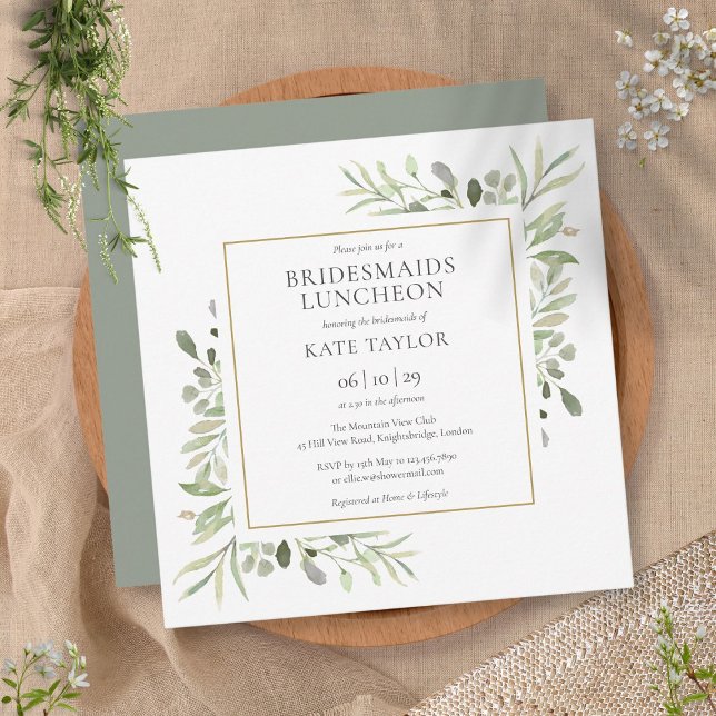Convite Watercolor Greenery Bridesmaids Luncheon Square (Criador carregado)
