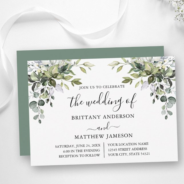 Convite Watercolor Greenery Calliografia Sage Casamento Ve (Customize to change text color, style, add text & photos to back or change color of back of card.)