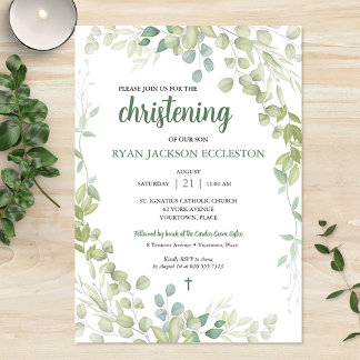 Convite Watercolor Greenery Christening Baby