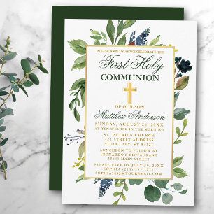 Convite Watercolor Greenery Dourado Primeira Comunhão Sant