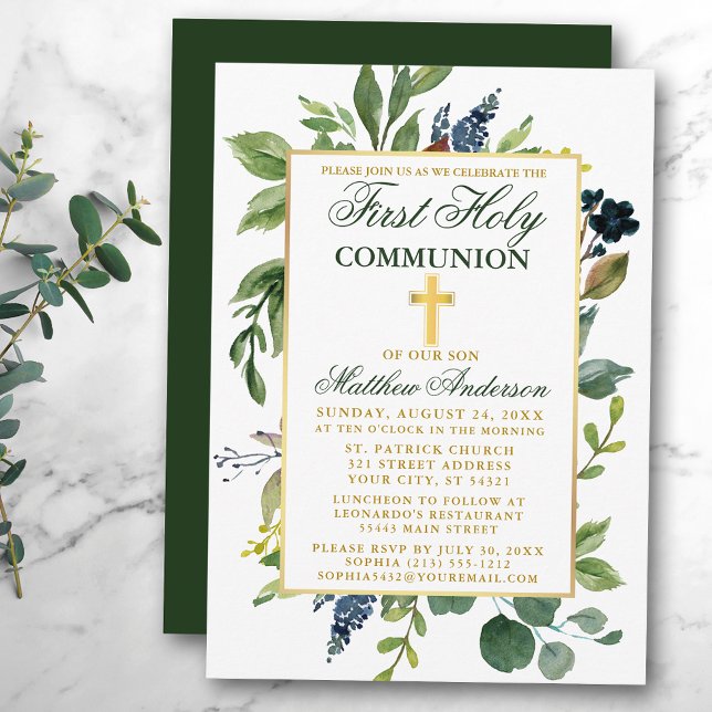 Convite Watercolor Greenery Dourado Primeira Comunhão Sant (Customize to change text color,  size, style or to change color of back of card.)
