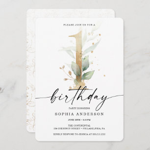 Convite Watercolor Greenery Dourado Primeiro Aniversário 1