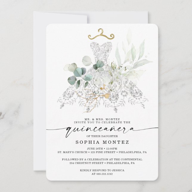 Convite Watercolor Greenery Dourado Quinceañera Birthday (Frente)