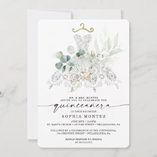 Convite Watercolor Greenery Dourado Quinceañera Birthday