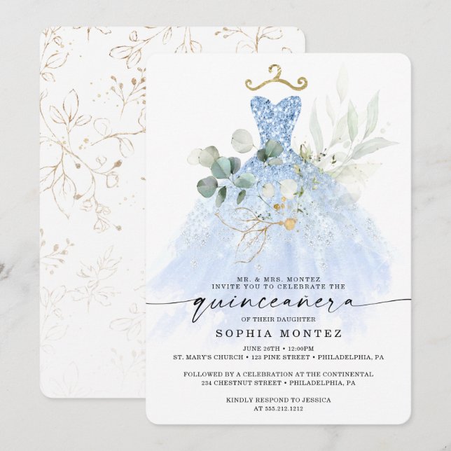 Convite Watercolor Greenery Dourado Quinceañera Birthday I (Frente/Verso)