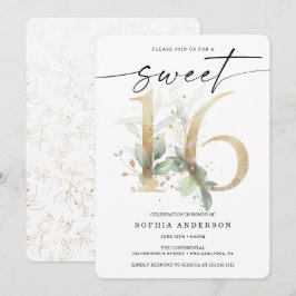 Convite Watercolor Greenery Dourado Sweet 16 Aniversário