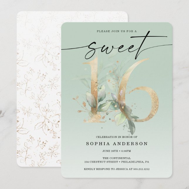 Convite Watercolor Greenery Dourado Sweet 16 Aniversário (Frente/Verso)