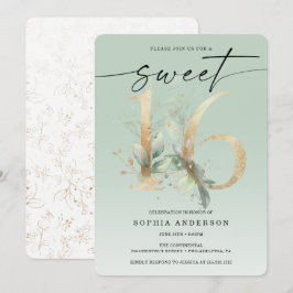Convite Watercolor Greenery Dourado Sweet 16 Aniversário