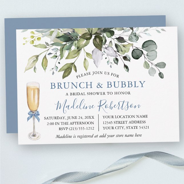 Convite Watercolor Greenery Dusty Blue Bridal Brunch (Customize to change text color, text style or color of back of card.)