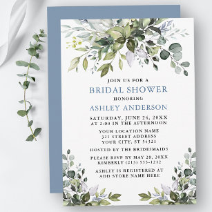 Convite Watercolor Greenery Dusty Blue Bridal Shower